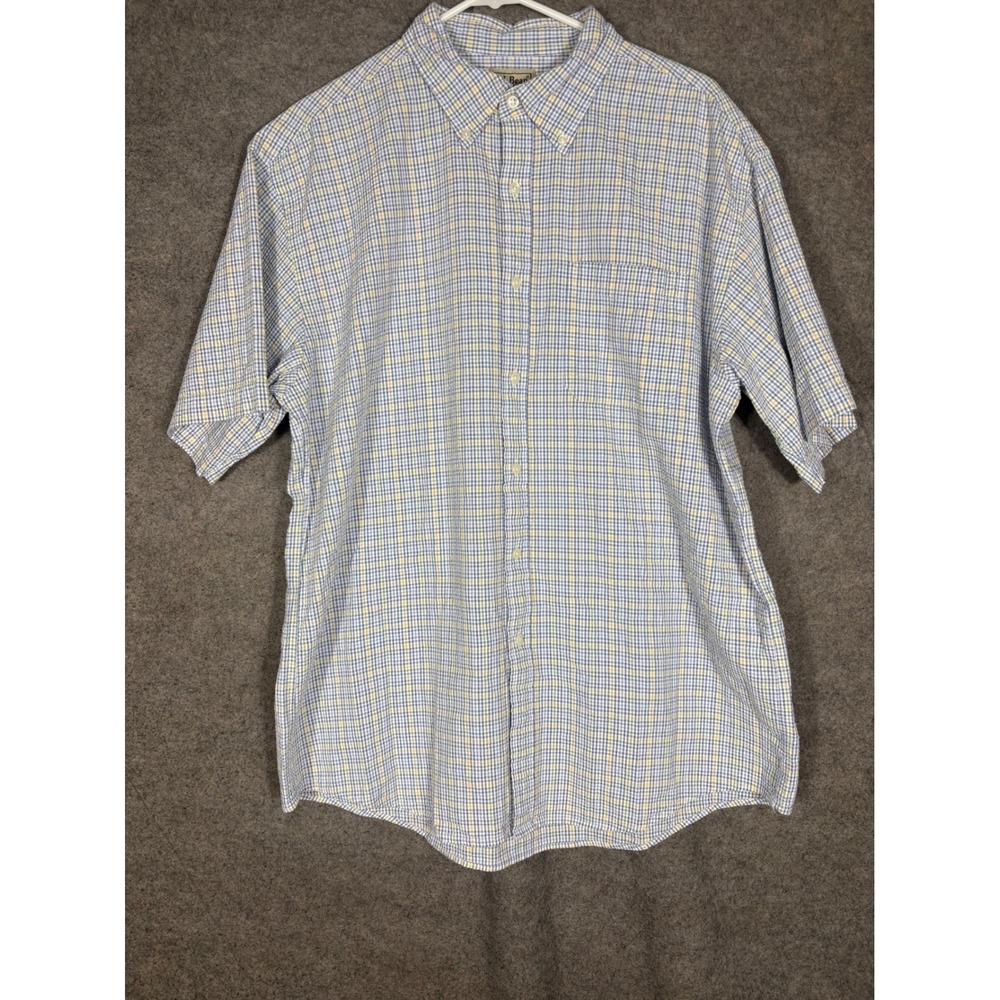 LL Bean Mens Large Short Sleeve Plaid Button Down Shirt Blue Yellow Cotton OFW03